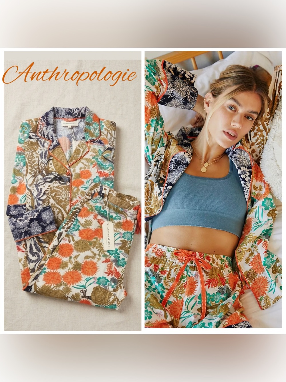 Anthropologie Cally Conway Flora Fauna Cotton Sleep Set Top M Bottom L NWT Rare